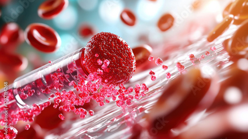 Close up of nanoscale device extracting biomarker from blood sample, showcasing red blood cells and particles in motion, highlighting advanced medical technology photo