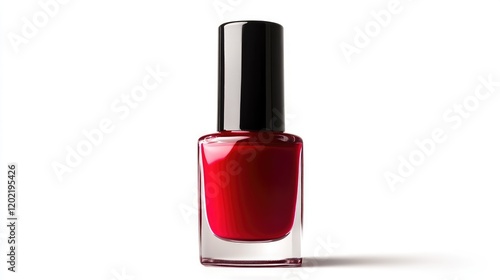 Red nail polish bottle with glossy finish isolated on white background Copy Space