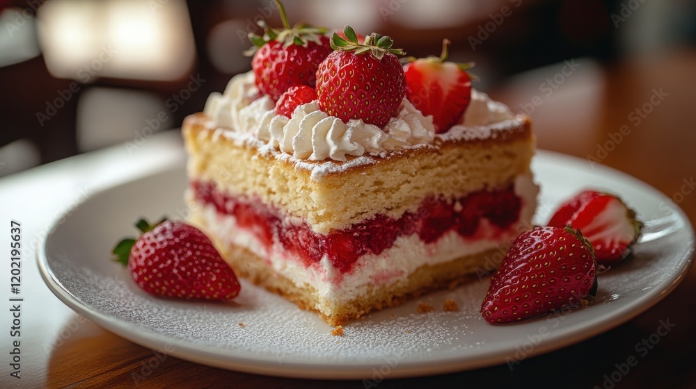 Delicious Slice of Strawberry Cream Cake Decorated with Fresh Strawberries and Whipped Cream on a White Plate in a Cozy Café Setting Delicious Slice of Strawberry Cream Cake Decorated with Fresh Strawberries and Whipped Cream on a White Plate in a Cozy Café Setting