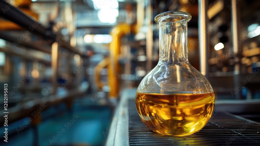 Laboratory flask with yellow liquid on metal surface in industrial setting with blurred machinery in background Copy Space Laboratory flask with yellow liquid on metal surface in industrial setting with blurred machinery in background Copy Space