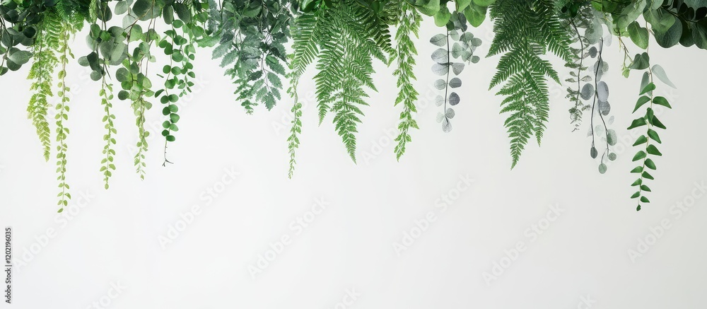 Lush green hanging ferns and foliage against a plain white background with ample copy space for text overlay Lush green hanging ferns and foliage against a plain white background with ample copy space for text overlay