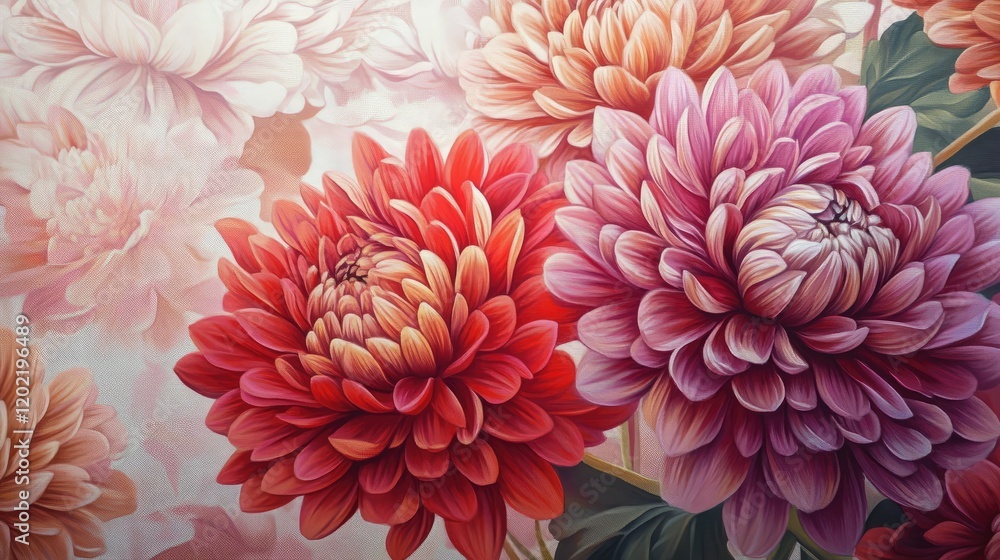 Vibrant close-up of red and pink chrysanthemums with intricate petal details on a soft floral background Copy Space Vibrant close-up of red and pink chrysanthemums with intricate petal details on a soft floral background Copy Space