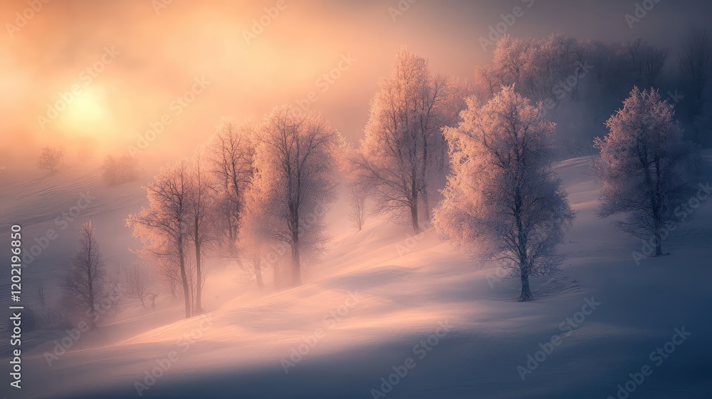 Foggy winter landscape with frosted trees on a snow-covered hill during sunrise Copy Space Foggy winter landscape with frosted trees on a snow-covered hill during sunrise Copy Space