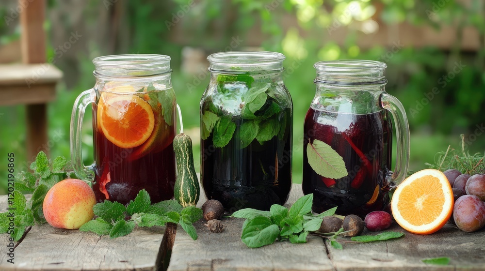 Three jars of infused beverages with fruits and herbs on a rustic wooden table outdoors with greenery in the background and copy space. Three jars of infused beverages with fruits and herbs on a rustic wooden table outdoors with greenery in the background and copy space.