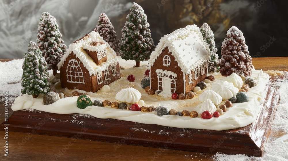 Gingerbread house scene with snow-covered trees and festive decorations on a wooden tray with copy space. Gingerbread house scene with snow-covered trees and festive decorations on a wooden tray with copy space.
