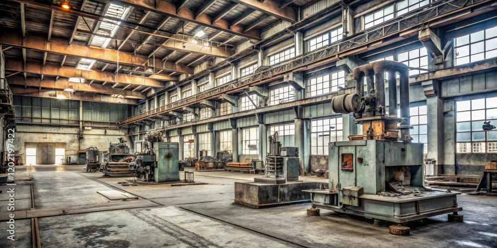 Fototapeta premium Abandoned industrial machinery in a grey factory, dust-covered, industrial