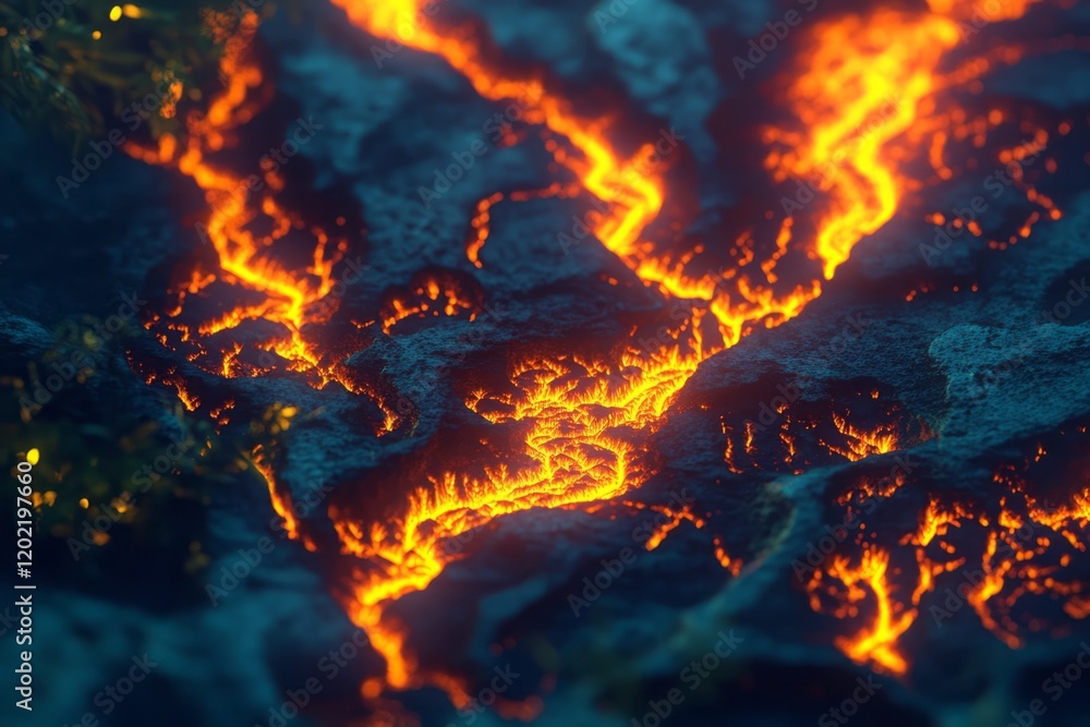 Molten Lava Flows Through Dark Volcanic Rock Molten Lava Flows Through Dark Volcanic Rock