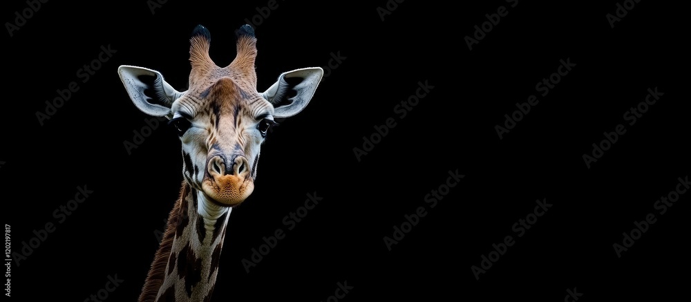 Obraz premium Close-up of a giraffe against a black background with copy space for text placement. High detail of the giraffe's face and features.