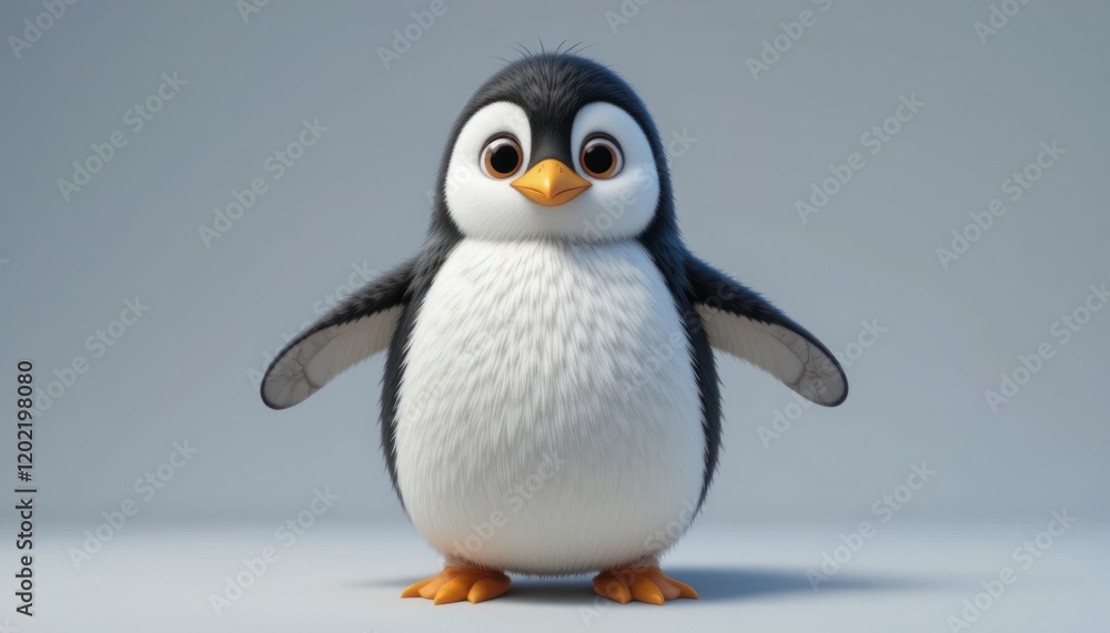 Obraz premium A cute cartoon penguin on the beach and snow in a wintery wildlife scene