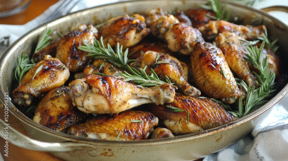 Baked chicken wings with herbs served in a rustic metal dish garnished with fresh rosemary Copy Space Baked chicken wings with herbs served in a rustic metal dish garnished with fresh rosemary Copy Space