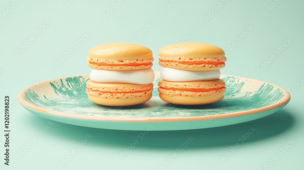 Yellow macarons with cream filling displayed on a decorative plate with mint green background and copy space. Yellow macarons with cream filling displayed on a decorative plate with mint green background and copy space.