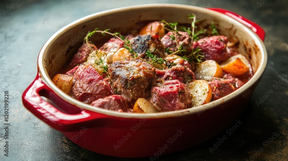 Roasted beef stew with vegetables and herbs in a red casserole dish on a dark background with Copy Space Roasted beef stew with vegetables and herbs in a red casserole dish on a dark background with Copy Space