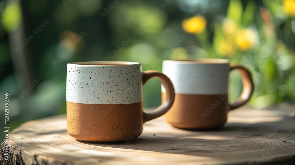 Two rustic ceramic mugs with speckled white and brown glaze on a tree stump in a garden setting with greenery and flowers in the background Copy Space Two rustic ceramic mugs with speckled white and brown glaze on a tree stump in a garden setting with greenery and flowers in the background Copy Space