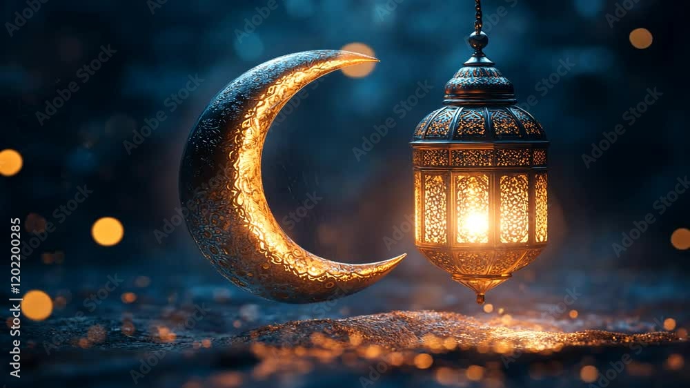 A glowing crescent moon and ornate lantern create a magical atmosphere. A glowing crescent moon and ornate lantern create a magical atmosphere.