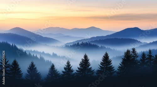 Misty forested mountains at sunrise with layered hills and soft fog in the valley Copy Space