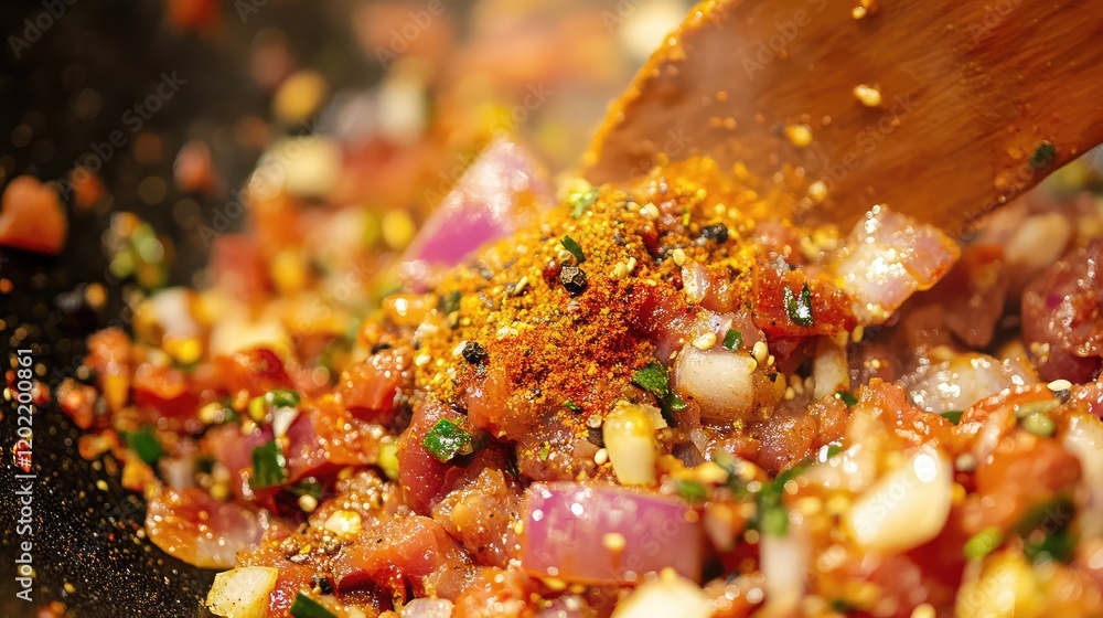 Cooking process of chopped vegetables and meat with spices in a frying pan with wooden spatula Copy Space Cooking process of chopped vegetables and meat with spices in a frying pan with wooden spatula Copy Space