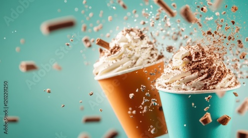 Two cups, one orange and one turquoise, hover as whipped cream spills and cocoa dust fills the air, forming a colorful and energetic visual spectacle full of movement. photo