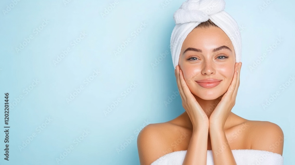 Young Woman with Towel on Head Smiling in Spa Setting Against Light Blue Background Young Woman with Towel on Head Smiling in Spa Setting Against Light Blue Background