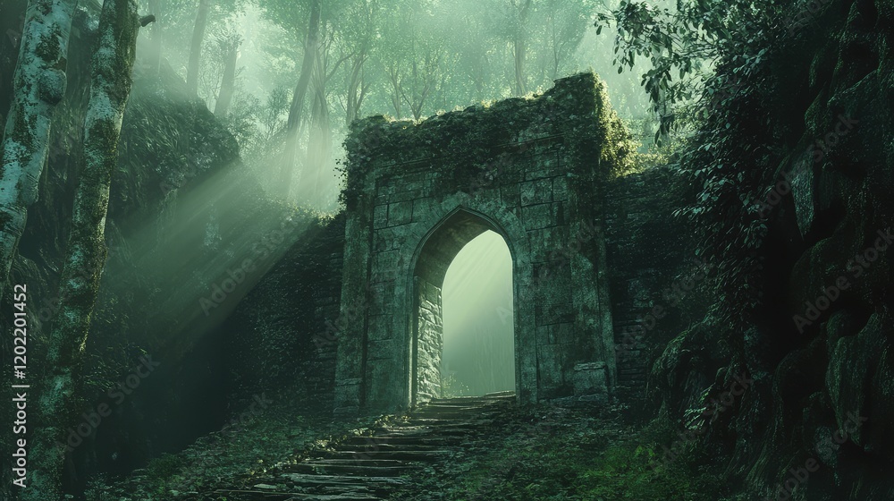 Obraz premium Mysterious ancient stone archway in a dense foggy forest with sunlight filtering through trees Copy Space