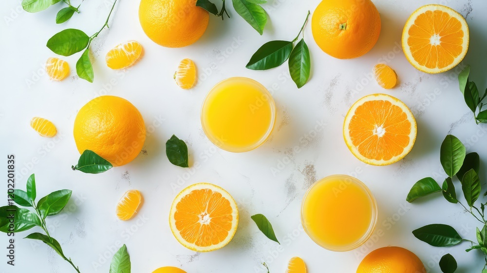 Fresh orange juice surrounded by whole and sliced oranges, citrus fruit segments, and green leaves on a light background with Copy Space. Fresh orange juice surrounded by whole and sliced oranges, citrus fruit segments, and green leaves on a light background with Copy Space.