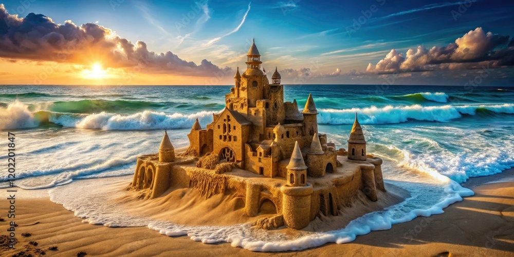Naklejka premium Majestic wave, captured by drone, crashes down, destroying a sunlit beach sandcastle.