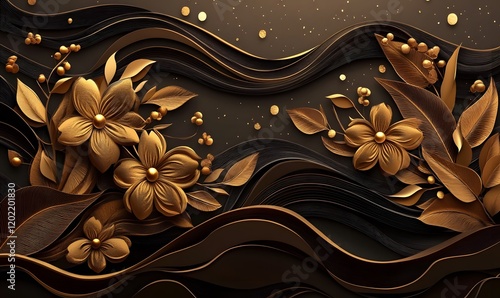 Elegant golden flowers and leaves on dark background with wave and glitter texture