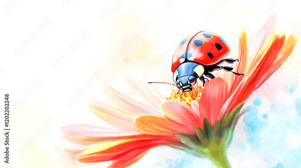 Charming ladybug perched on a vibrant, colorful flower, watercolor clip art style, vector illustration, with a clean white background and delicate details. Charming ladybug perched on a vibrant, colorful flower, watercolor clip art style, vector illustration, with a clean white background and delicate details.