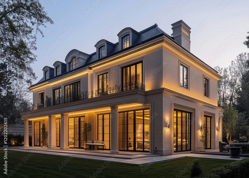 Fototapeta premium Maison de luxe élégante à trois étages avec design architectural français, grandes fenêtres vitrées, façade éclairée et jardin paysager au crépuscule