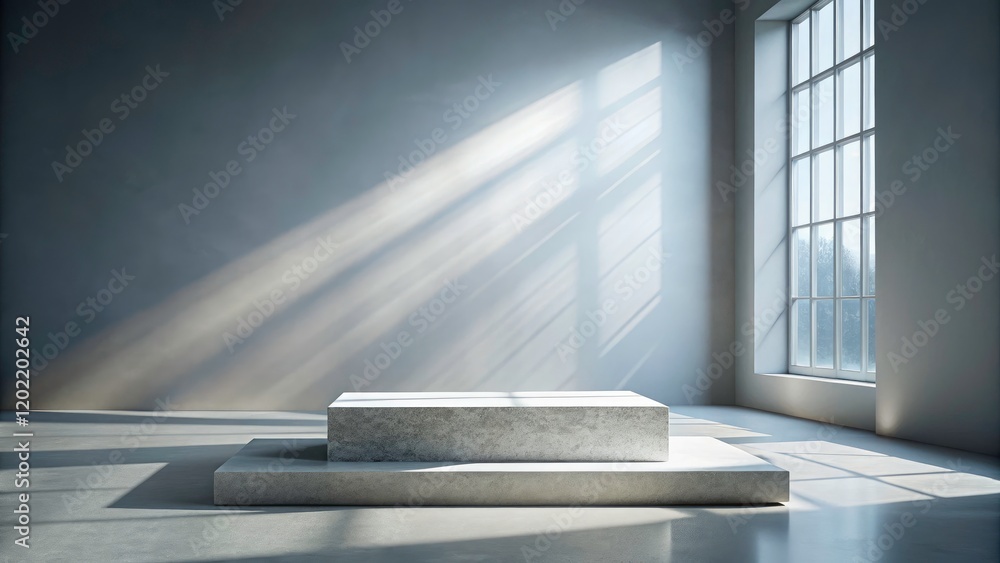 Obraz premium Minimalist product photography: empty stone podium bathed in sunlight, light rays accentuate the modern, clean aesthetic.