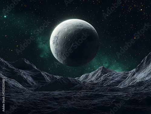 Lunar exploration adventure moon surface sci-fi artwork cosmic environment wide angle view space concept photo