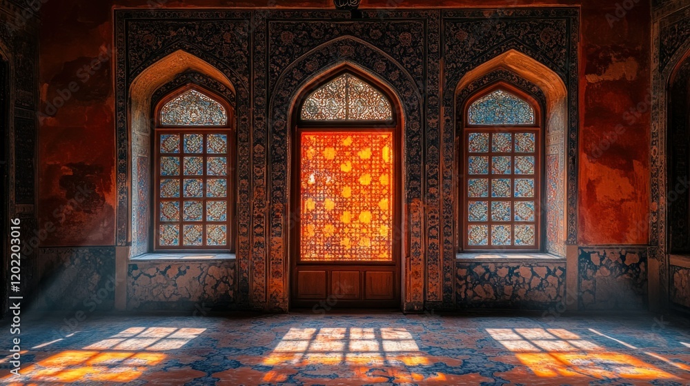 Obraz premium Sunlit Palace Interior Persian Architecture, Ornate Windows, Historical Room, Design
