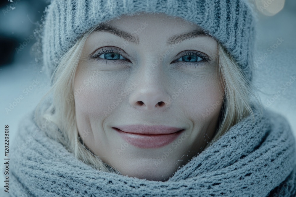 Woman in hat and scarf in snowy environment Woman in hat and scarf in snowy environment