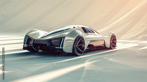 A modern car with vivid highlights and shadows on a white surface.