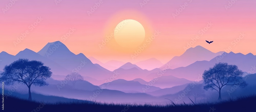 Fototapeta premium Mountain landscape during sunset with purple and orange hues and minimalistic trees, providing ample copy space.