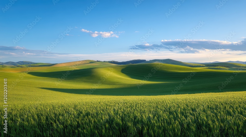 Obraz premium Rolling green hills under blue sky with wispy clouds showcasing lush farmland Copy Space