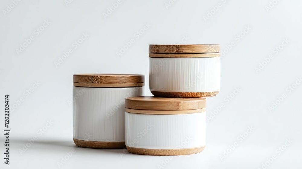Three ceramic storage jars with wooden lids on a light background with Copy Space for text. Three ceramic storage jars with wooden lids on a light background with Copy Space for text.