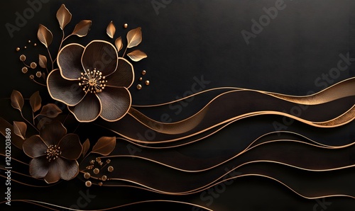 Elegant black background with golden floral ornaments and wavy golden ribbons