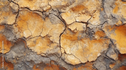 Cracked orange and gray textured surface of dry earth or mud with visible fissures and rough patterns Copy Space photo