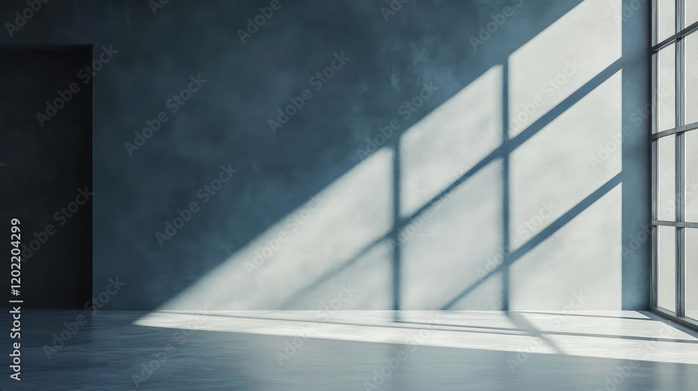 Fototapeta premium Modern empty interior space with large window casting shadows on concrete walls and floor Copy Space