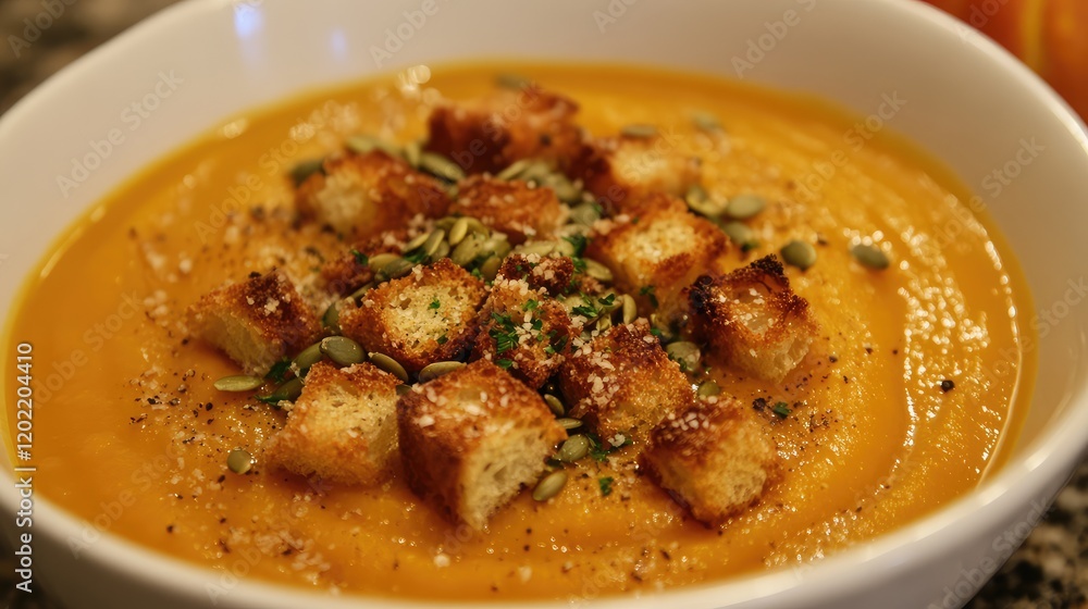 Pumpkin soup garnished with croutons and seeds served in a white bowl on a textured surface with Copy Space Pumpkin soup garnished with croutons and seeds served in a white bowl on a textured surface with Copy Space