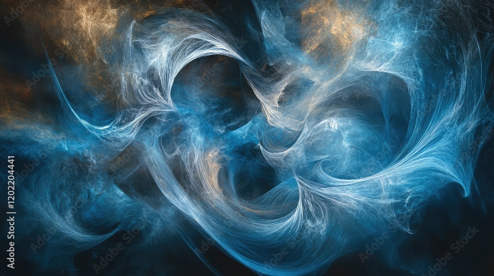 Obraz premium Abstract blue and orange swirling fractal patterns on dark background with copy space for text