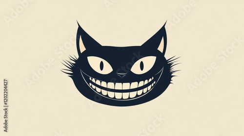 Cheshire Cat silhouette with exaggerated grin and large eyes on a beige background, featuring ample Copy Space for text placement
