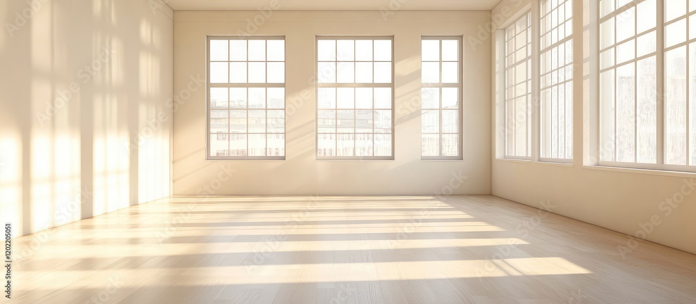 Empty room interior with large windows casting shadows on the floor and ample copy space for text or graphic elements Empty room interior with large windows casting shadows on the floor and ample copy space for text or graphic elements