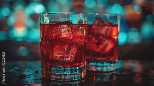 Two glasses of red cocktails with ice cubes on wet bar surface closeup image. Nightlife glassware close up photography. Party vibe. Refreshing beverage alcohol concept photo realistic