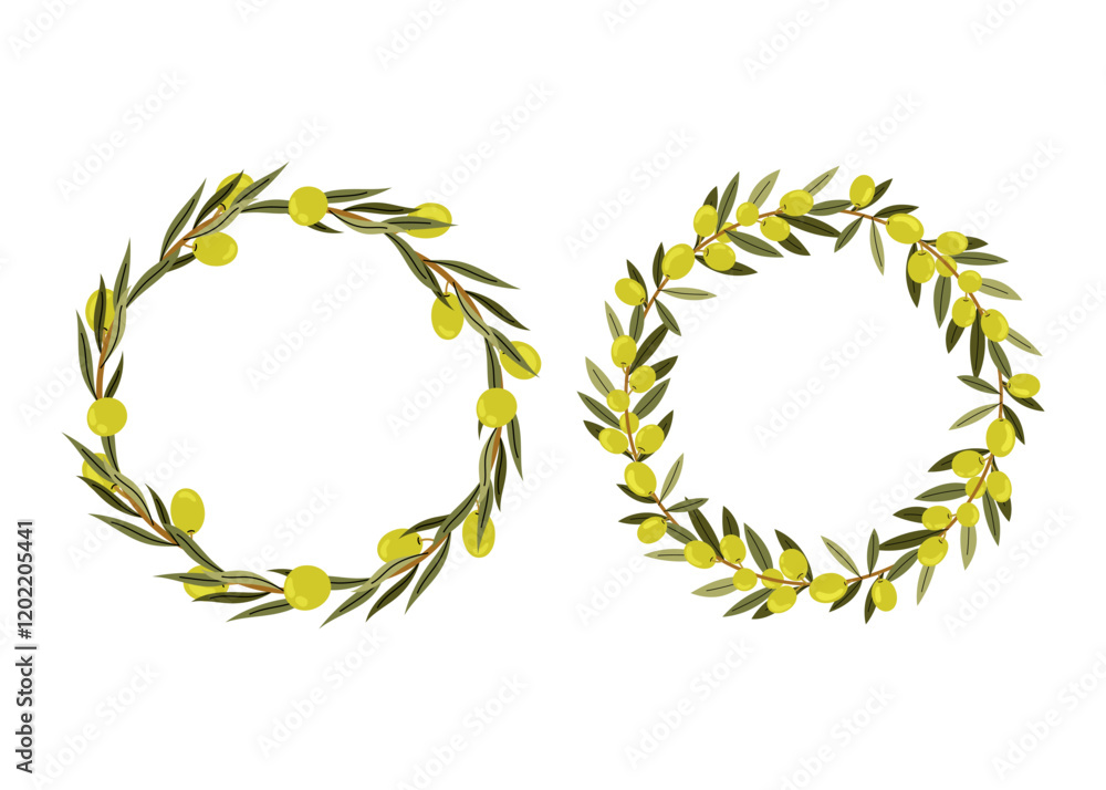 Green olive wreath. Round foliated frame with olives. Plant wreaths. Space for Text, photo. Card template for Wedding, Invitation, Greeting. Tree branches. Green olive wreath. Round foliated frame with olives. Plant wreaths. Space for Text, photo. Card template for Wedding, Invitation, Greeting. Tree branches.