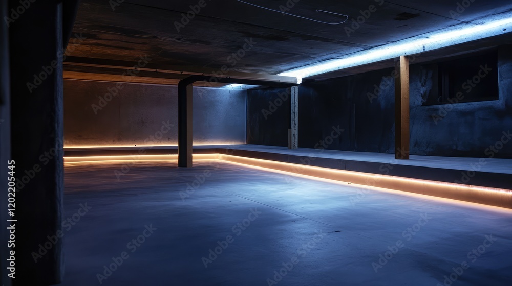 Dark empty room with illuminated edges and low lighting creating a modern industrial space Copy Space Dark empty room with illuminated edges and low lighting creating a modern industrial space Copy Space