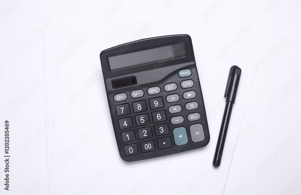 Black classic calculator with pen and paper sheets on white background Black classic calculator with pen and paper sheets on white background