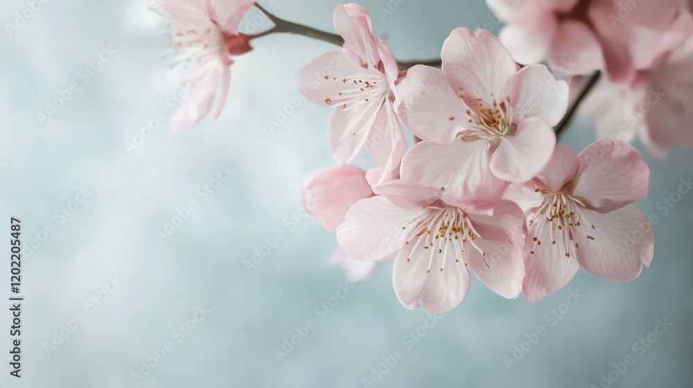 Cherry blossom branch with delicate pink flowers on a soft blue background featuring Copy Space for text placement. Cherry blossom branch with delicate pink flowers on a soft blue background featuring Copy Space for text placement.