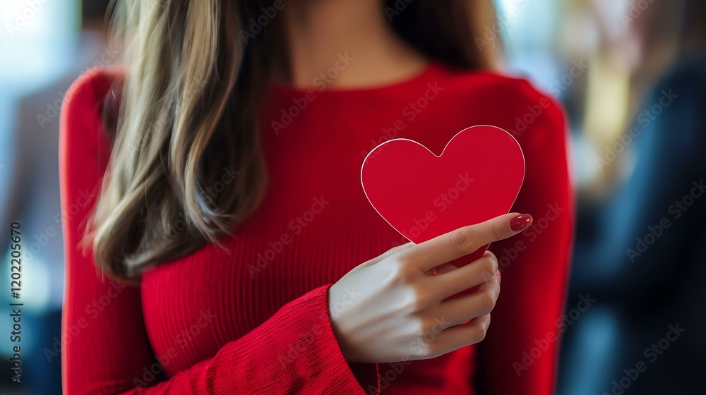 Lady in a red outfit attending a professional networking event holding a heart-shaped tag Lady in a red outfit attending a professional networking event holding a heart-shaped tag