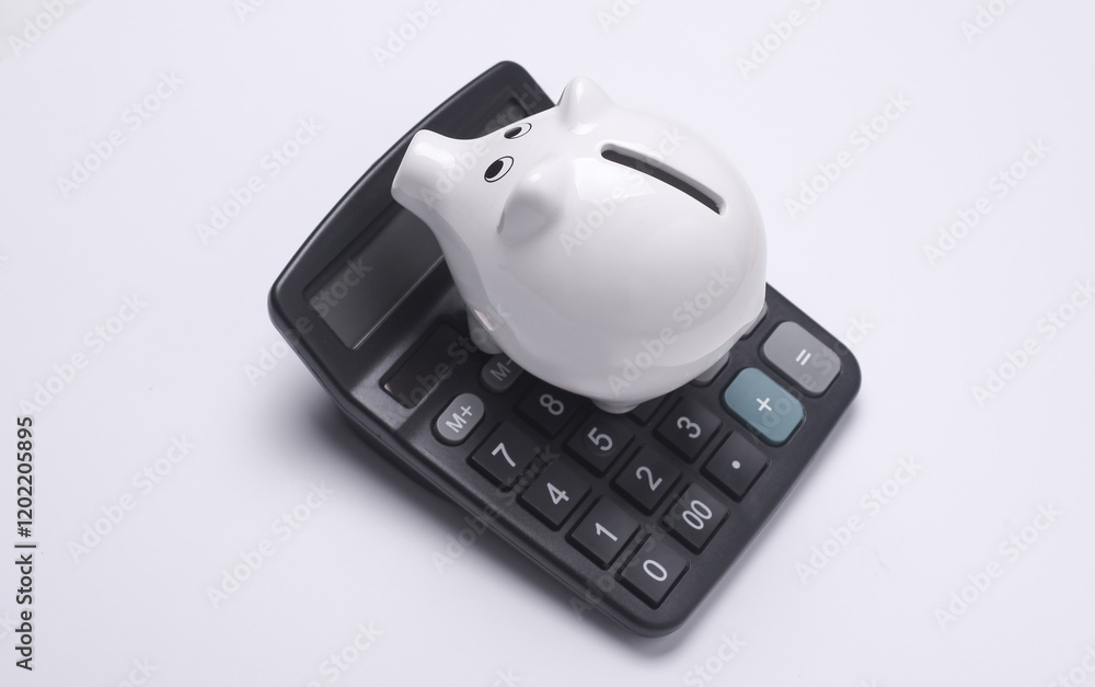 Piggy bank with calculator on white background Piggy bank with calculator on white background